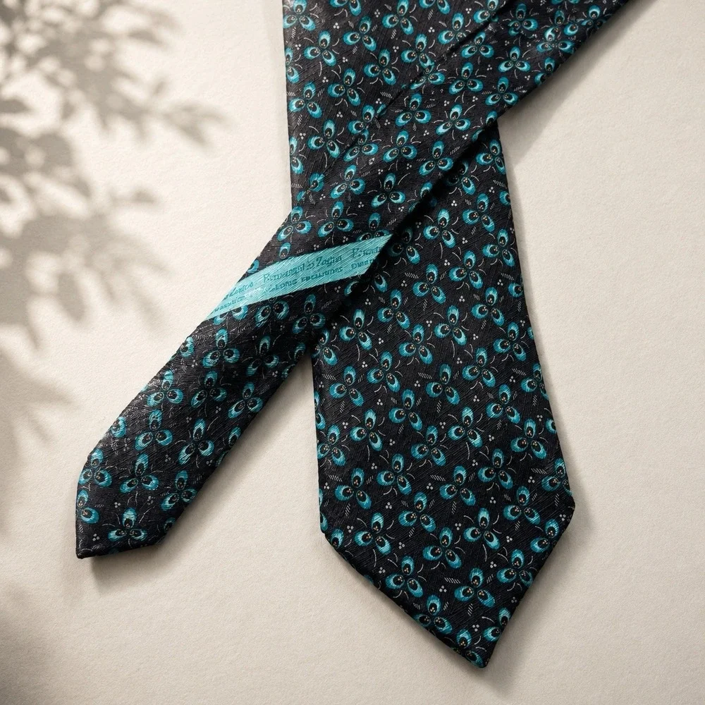 Ermenegildo Zegna Tie Men's Black Teal Geometric Floral Silk Designer Necktie